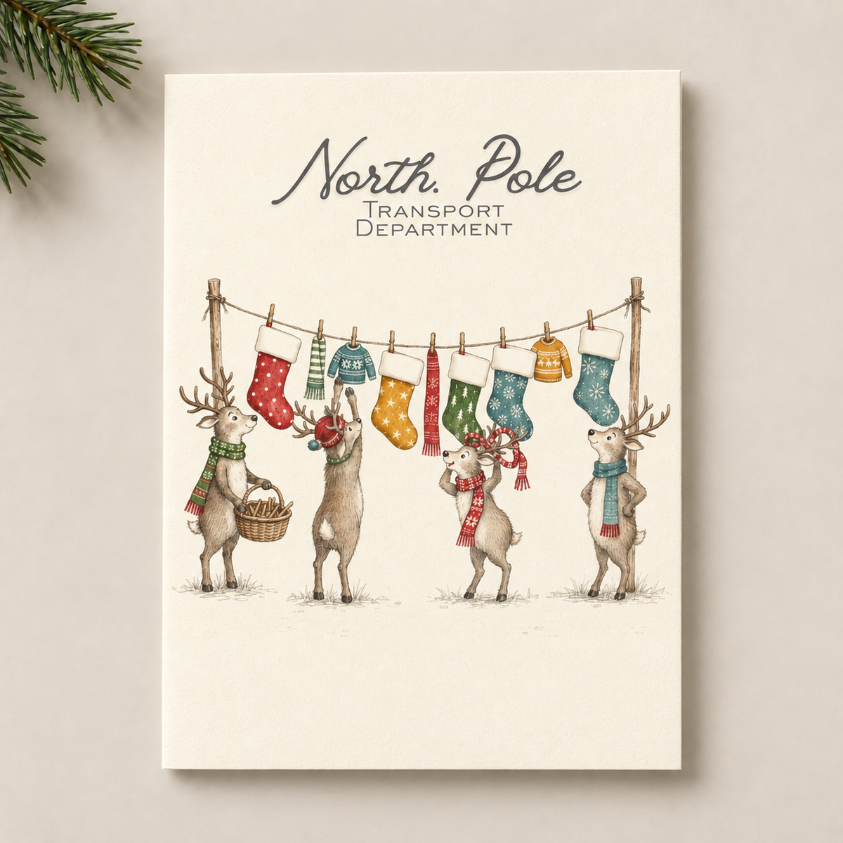 A rectangular card titled 'North Pole Transport Department' featuring an illustration of four deer hanging colourful Christmas stockings on a clothesline, shown against a light neutral background with pine branches in the corner.