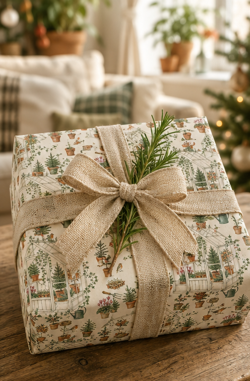 Illustrated Christmas wrapping paper featuring glasshouses, potted fir trees, holly, ivy, robins, terracotta pots, watering cans, hand forks, twine, seed trays, cyclamen and citrus trees. The pencil-sketch design uses muted green, terracotta, berry red, orange and pink on a warm ivory background.