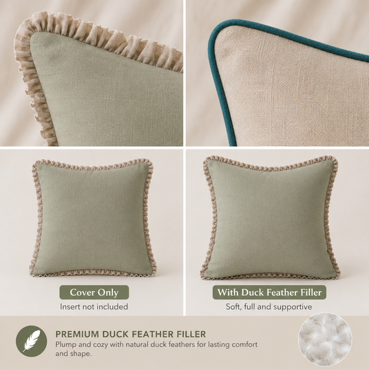 Collage of sage cushions with different decorative elements and duck feather filler information.