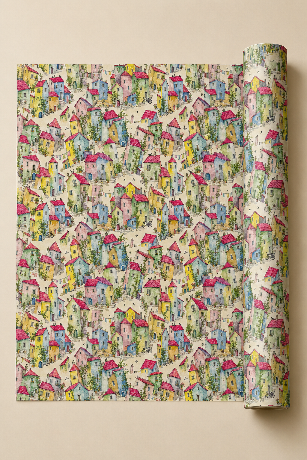 A roll of wrapping paper with a dense, colorful pattern of whimsical houses, trees, and paths on a cream background, shown partially unrolled against a solid beige backdrop.