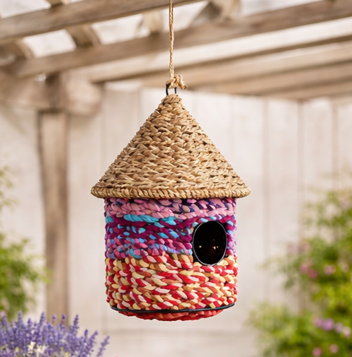 Colourful woven birdhouse hanging in a garden setting