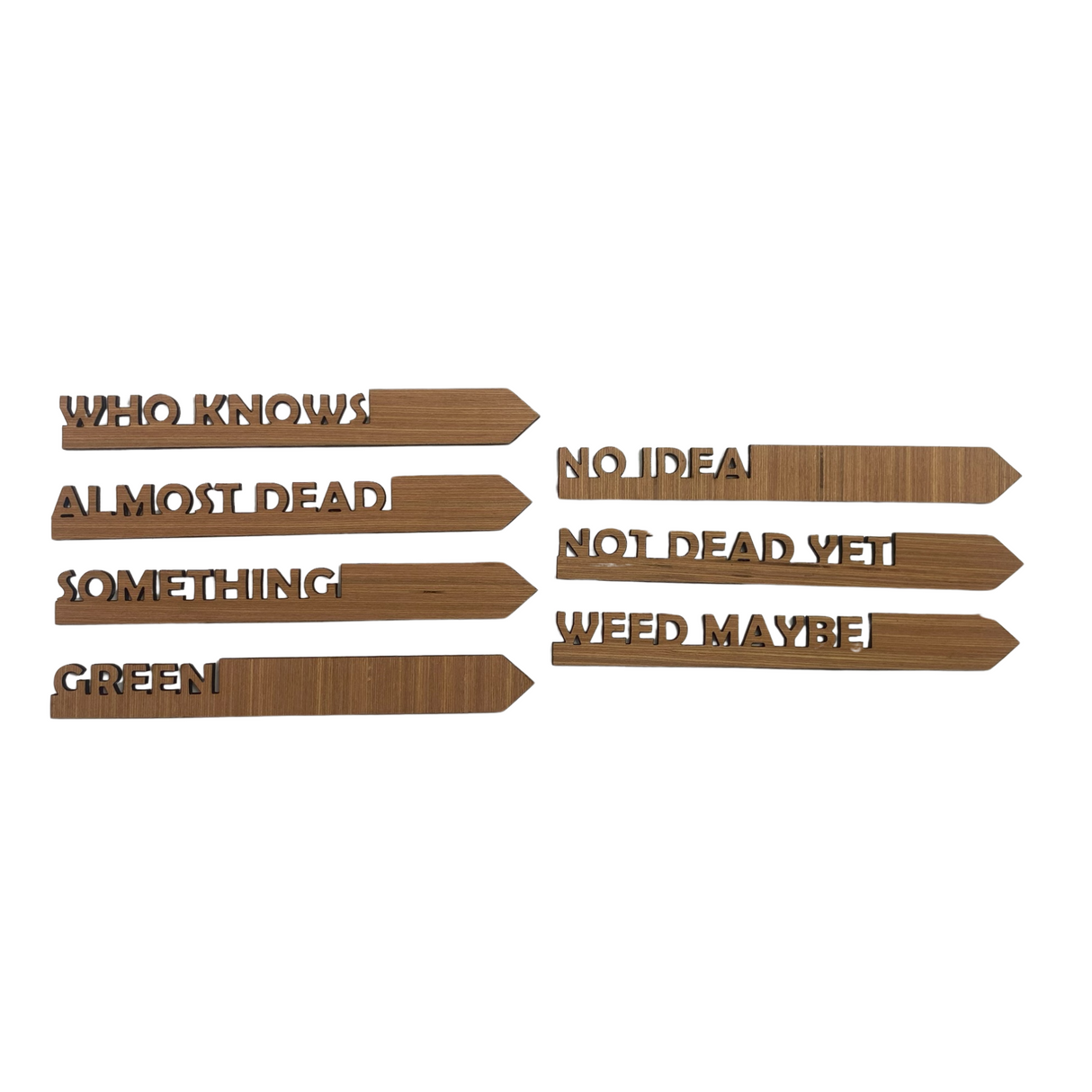 7 Laser-Cut Wooden Garden Markers: Comical Collection.