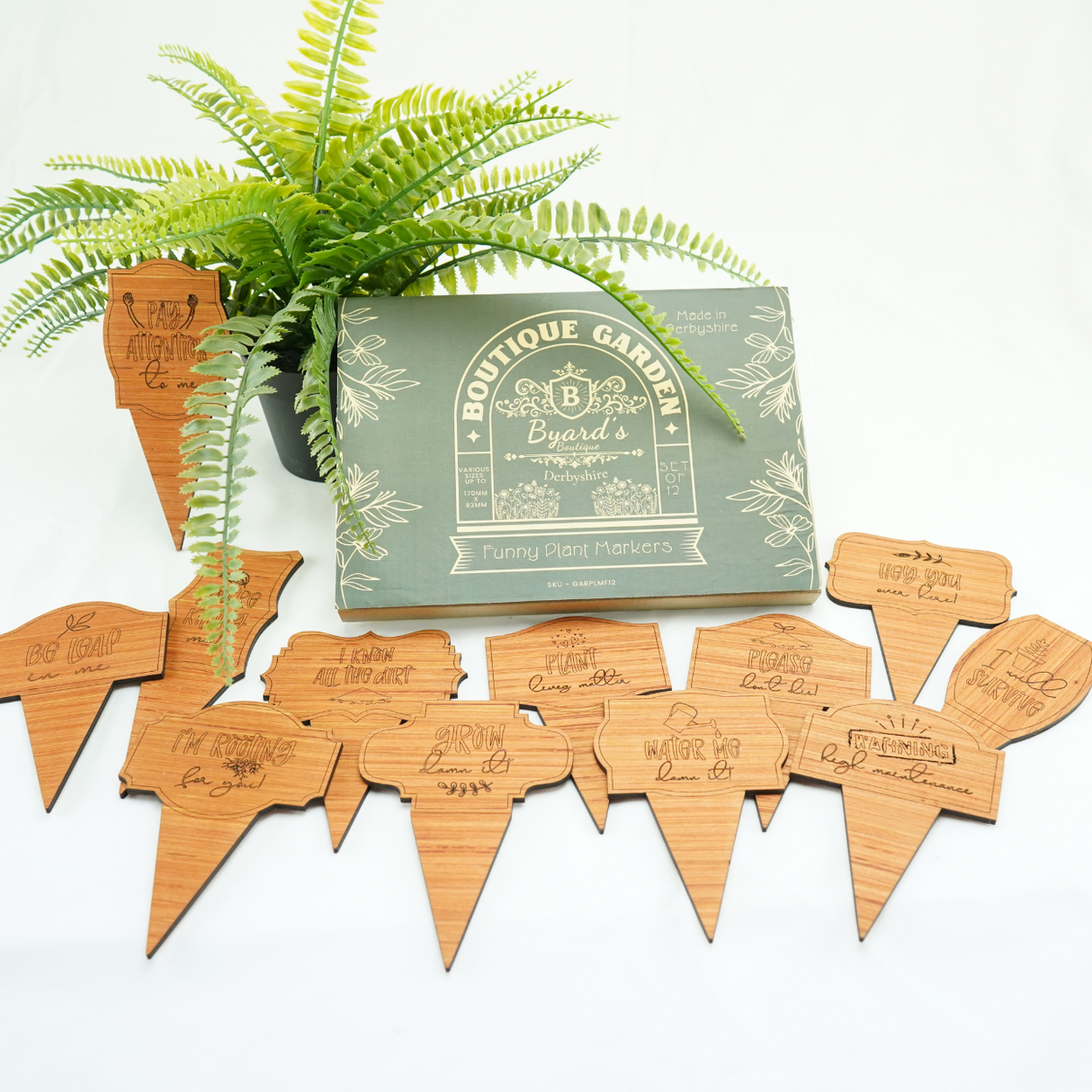 Set of 12 Comical Engraved Wooden Plant Signs
