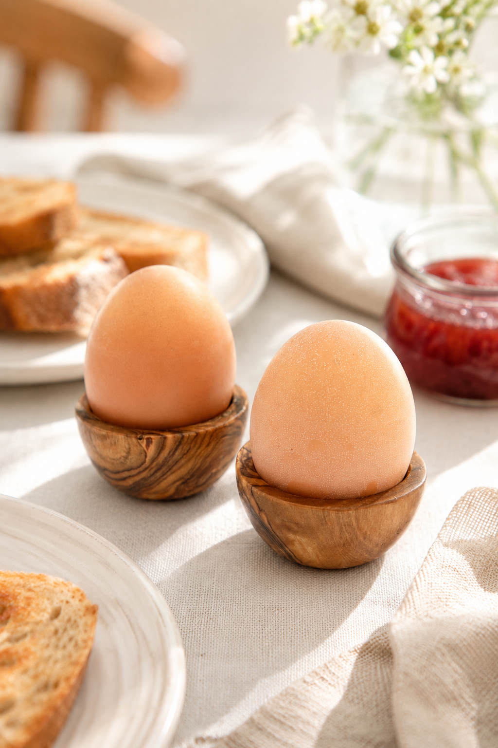 Compact natural olive wood breakfast egg holders