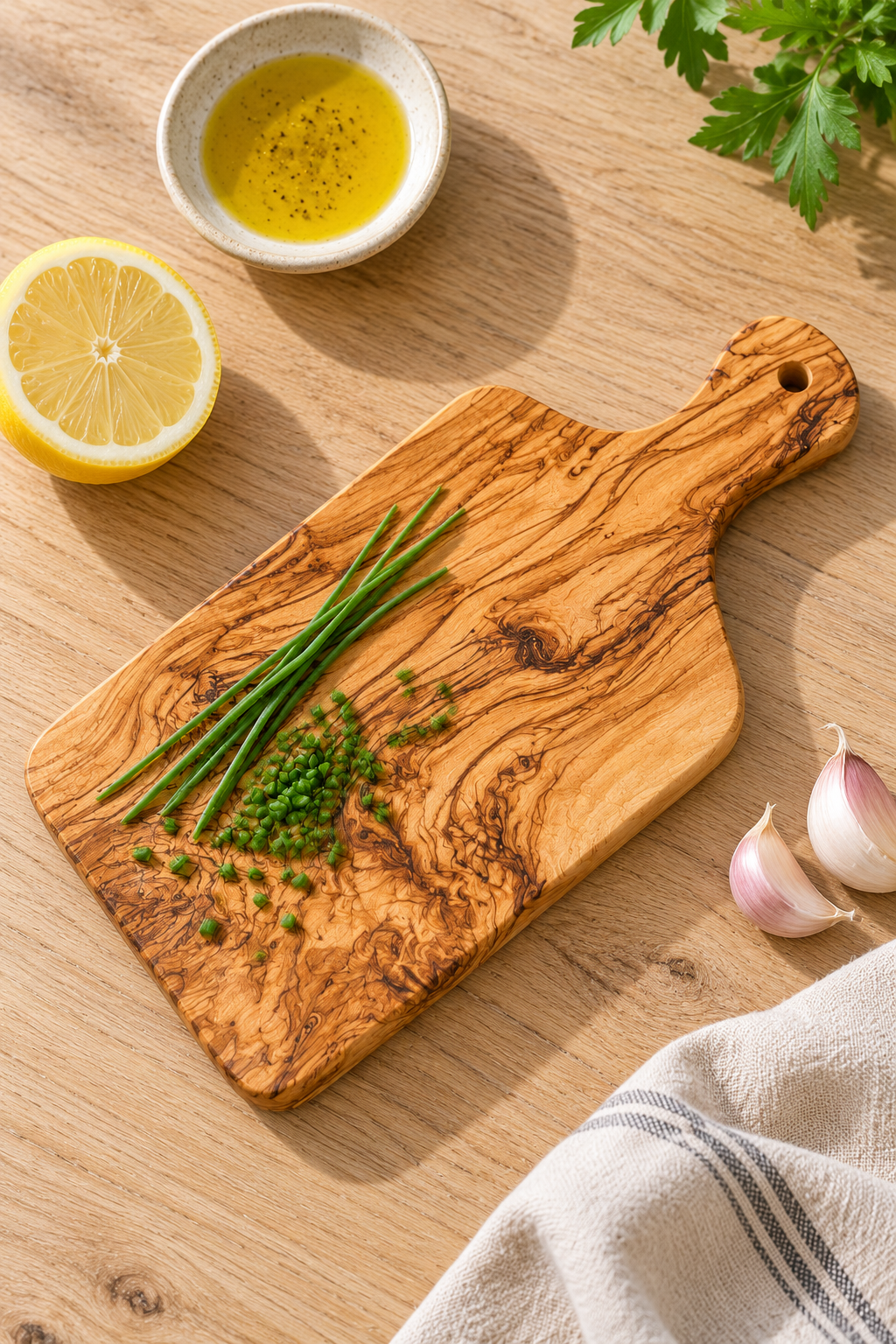 An olive wood cutting board with a natural grain pattern, styled on a wooden table with fresh chives, garlic, a lemon half, a small bowl of oil, and a cloth napkin.