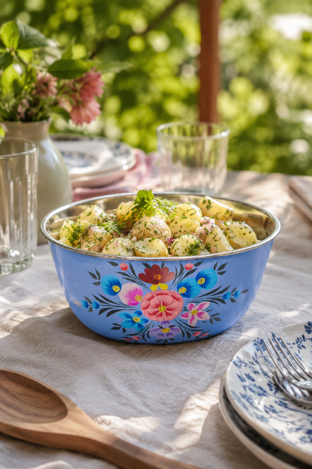 Decorative floral-patterned bowl filled with salad on a table outdoors.