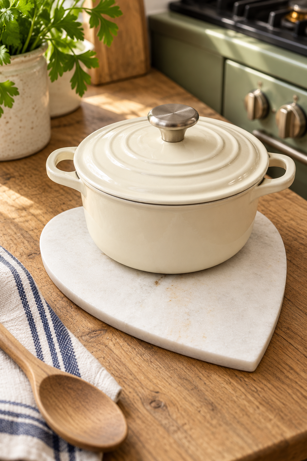 Heart-shaped trivet made from natural white marble. Measures 23cm wide × 27cm long × 1.5cm thick