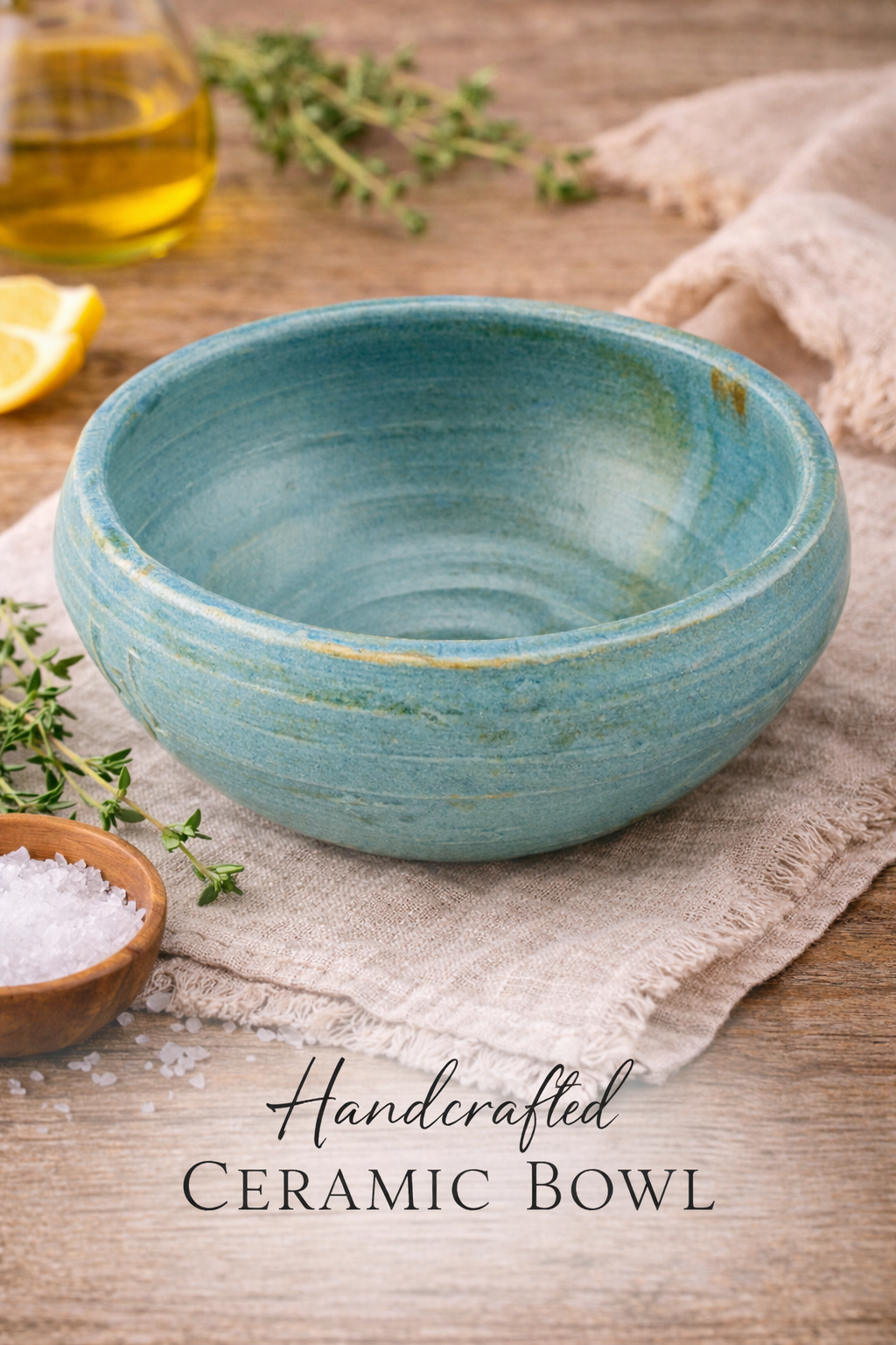 Handcrafted ceramic bowl on a wooden surface with herbs and oil.