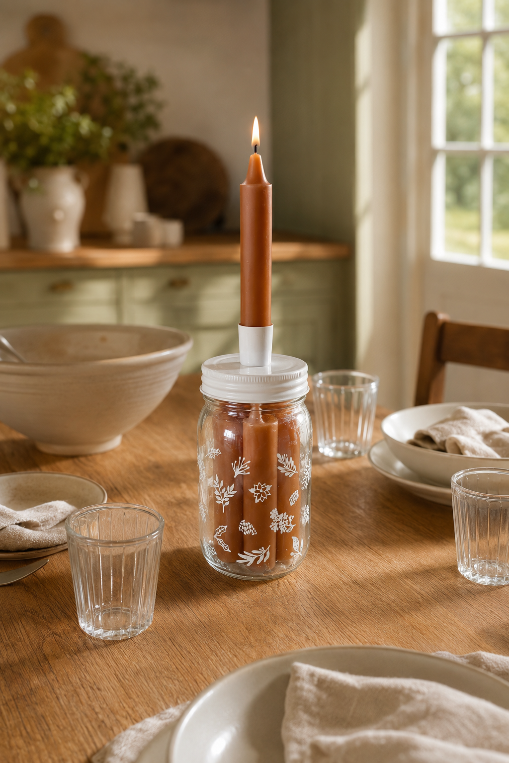 A glass mason jar candle holder with white floral decals on the front, filled with brown taper candles and holding one lit candle, set on a wooden dining table in a warm, softly lit room.