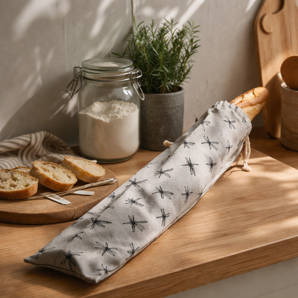 kitchen scene with a patterned bag, bread, and plants.