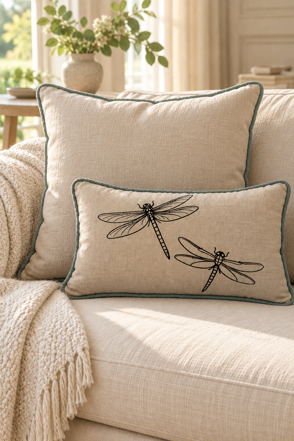 Two linen throw pillows on a cream sofa, with the front pillow featuring black dragonfly printed and a duck egg piping border. A cream knit throw blanket is draped over the left side, and a softly blurred living room background with a window and plant is visible.