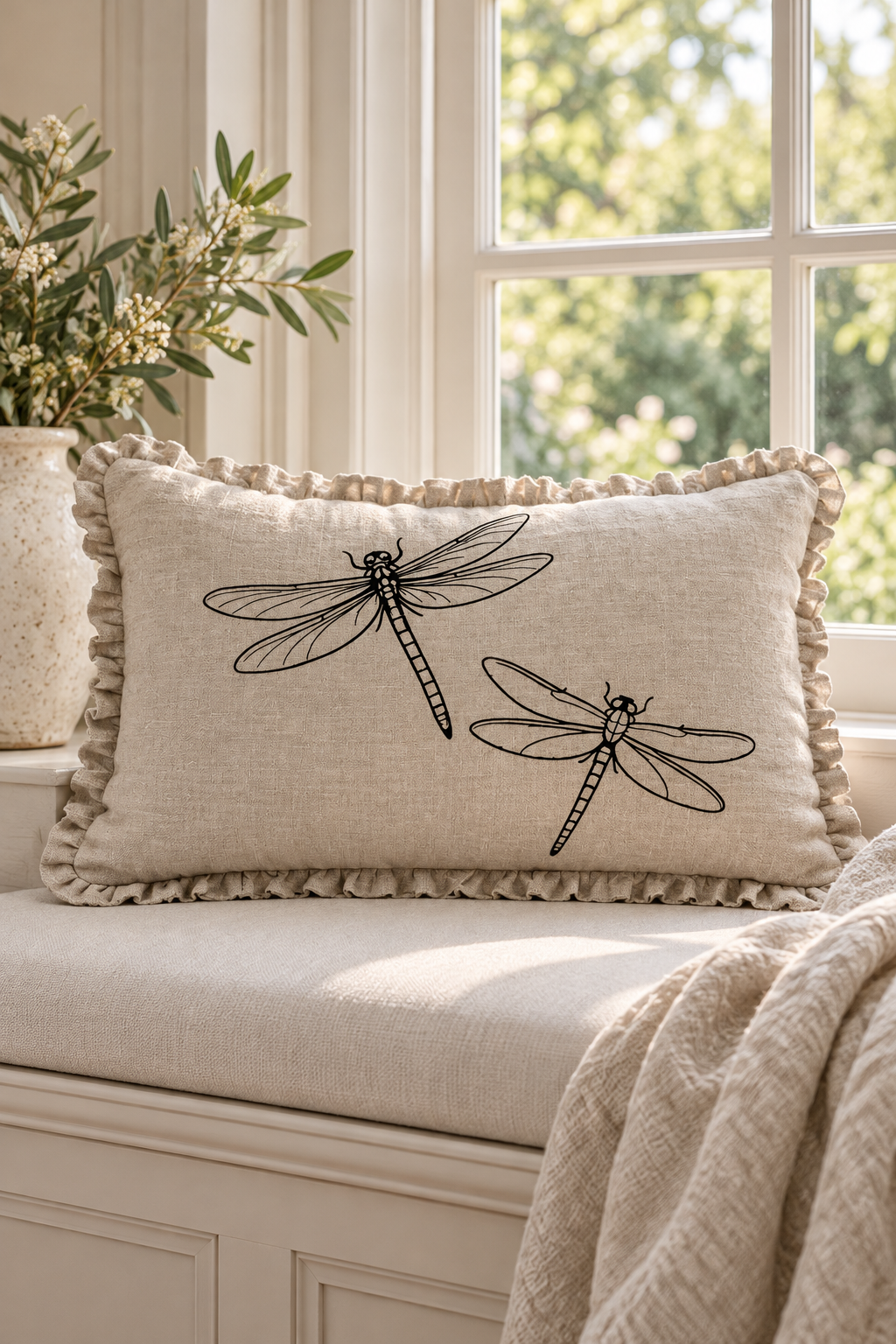Dragonfly Linen Cushion Cover – Natural Ruffle Edge, 50 × 30cm