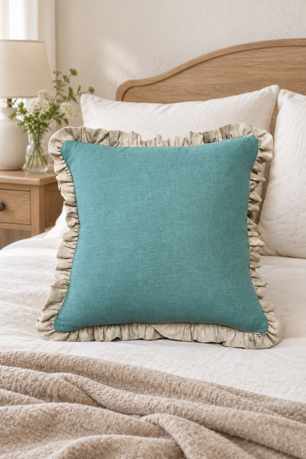 Square duck egg cushion with natural linen ruffles on ivory bedding beside a plain flax throw.