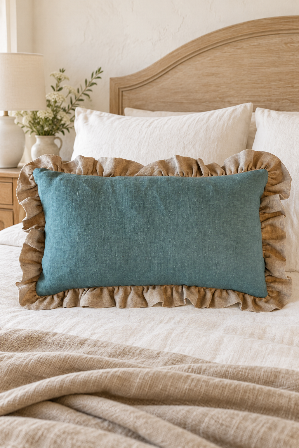Rectangular duck egg ruffle cushion on ivory bedding with a plain natural linen throw and oak headboard.