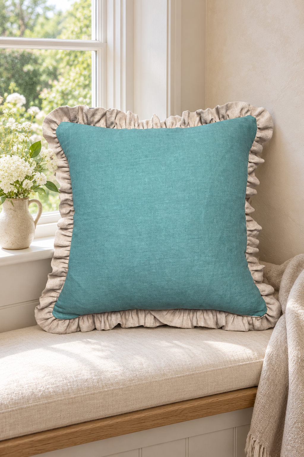 Square duck egg ruffle cushion on a bright window seat beside white flowers and a natural linen throw.