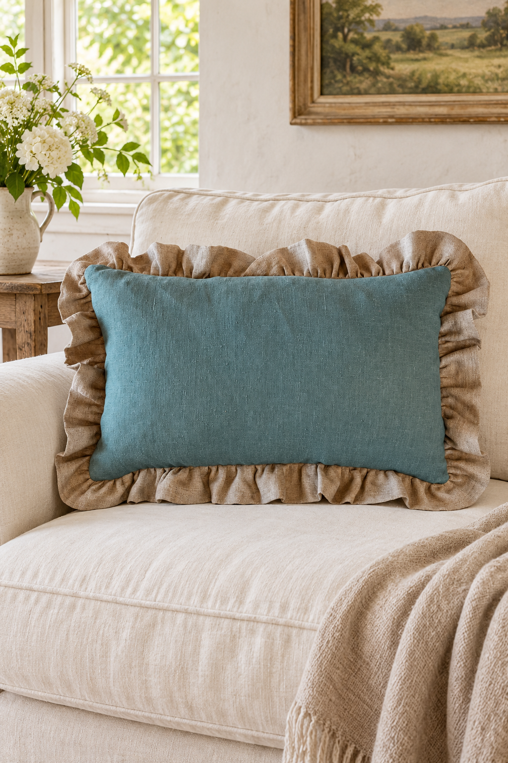 Plain rectangular duck egg linen cushion with a large natural ruffle on a cream sofa beside a flax throw.