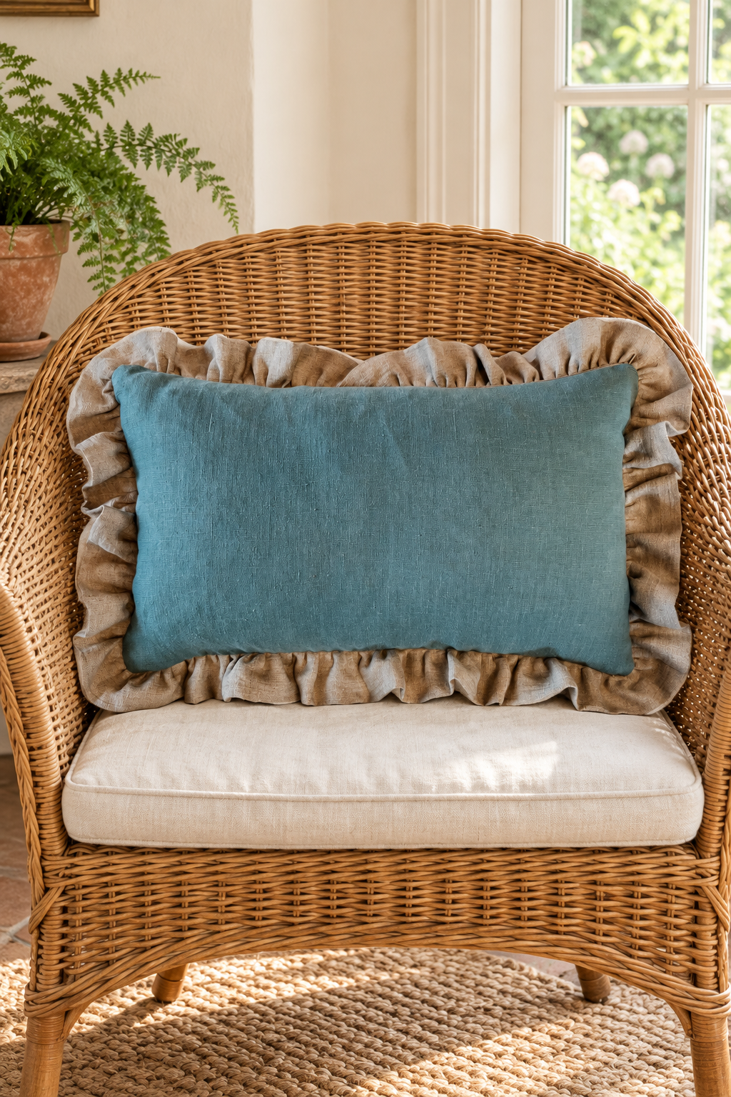 Plain duck egg rectangular cushion with a large natural linen frill on a wicker armchair.