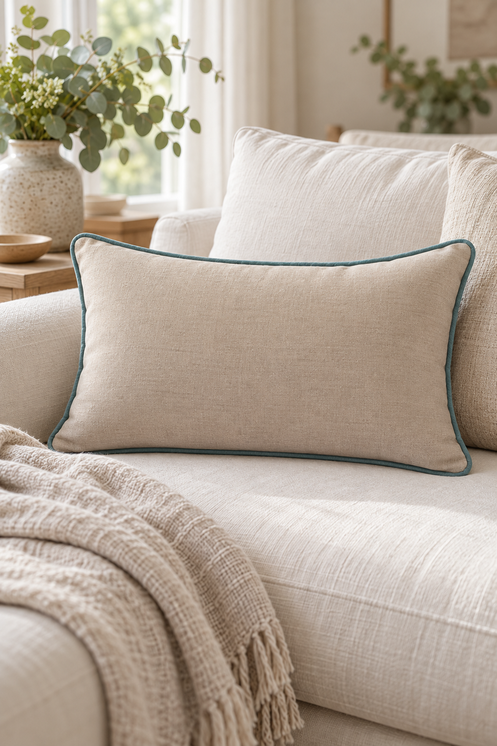 A linen cushion with duck egg piping, styled on a cream linen sofa with a matching knit throw blanket in a bright, modern living room.