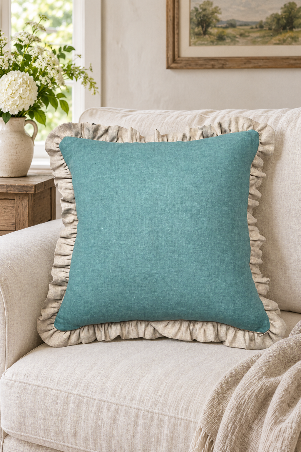 Square plain duck egg linen cushion with a large natural ruffle on a cream sofa.