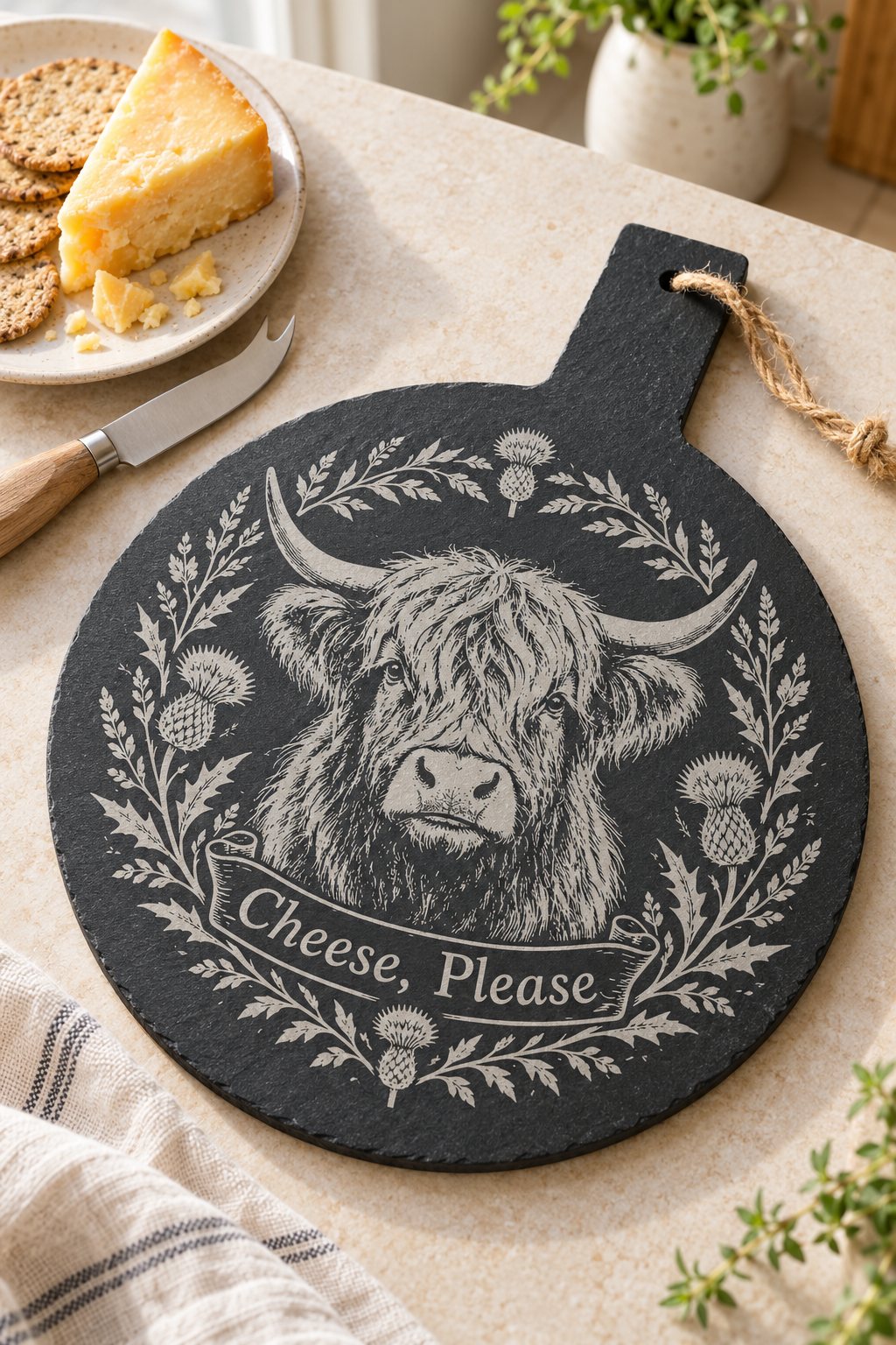 A round black slate cheese board with a handle, featuring a white engraved illustration of a Highland cow surrounded by thistles and the text 'Cheese, Please'. The board is styled on a beige tabletop with a knife, crackers, and a slice of cheese nearby.