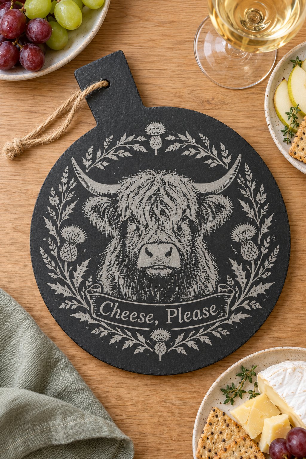 A round black slate cheese board with a rustic handle, featuring a white engraved illustration of a Highland cow surrounded by thistles and the text 'Cheese, Please'. The board is styled on a wooden table with cheese, crackers, grapes, and a glass of white wine.
