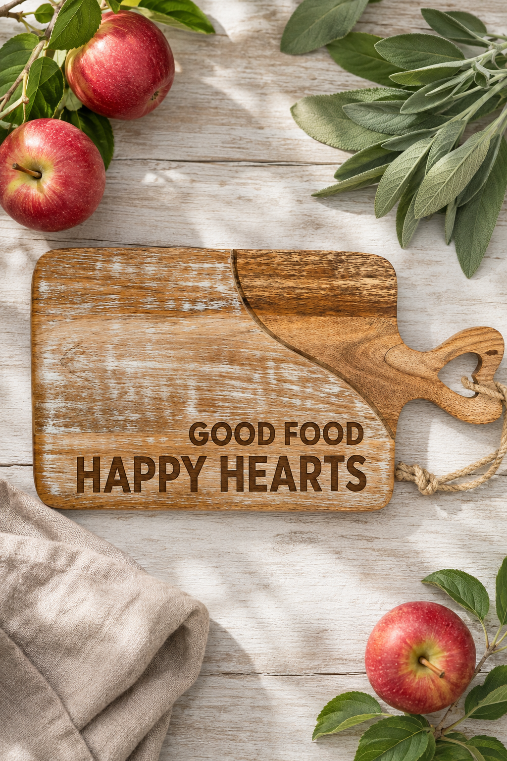 A rustic wooden cutting board with a heart-shaped handle and the engraved words 'GOOD FOOD HAPPY HEARTS,' styled on a whitewashed wood surface with apples, sage leaves, and a beige cloth.