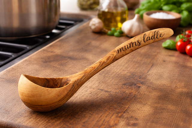 Olive Wood Ladle – Wooden Serving & Cooking Spoon (30cm) with Optional Personalised Engraving