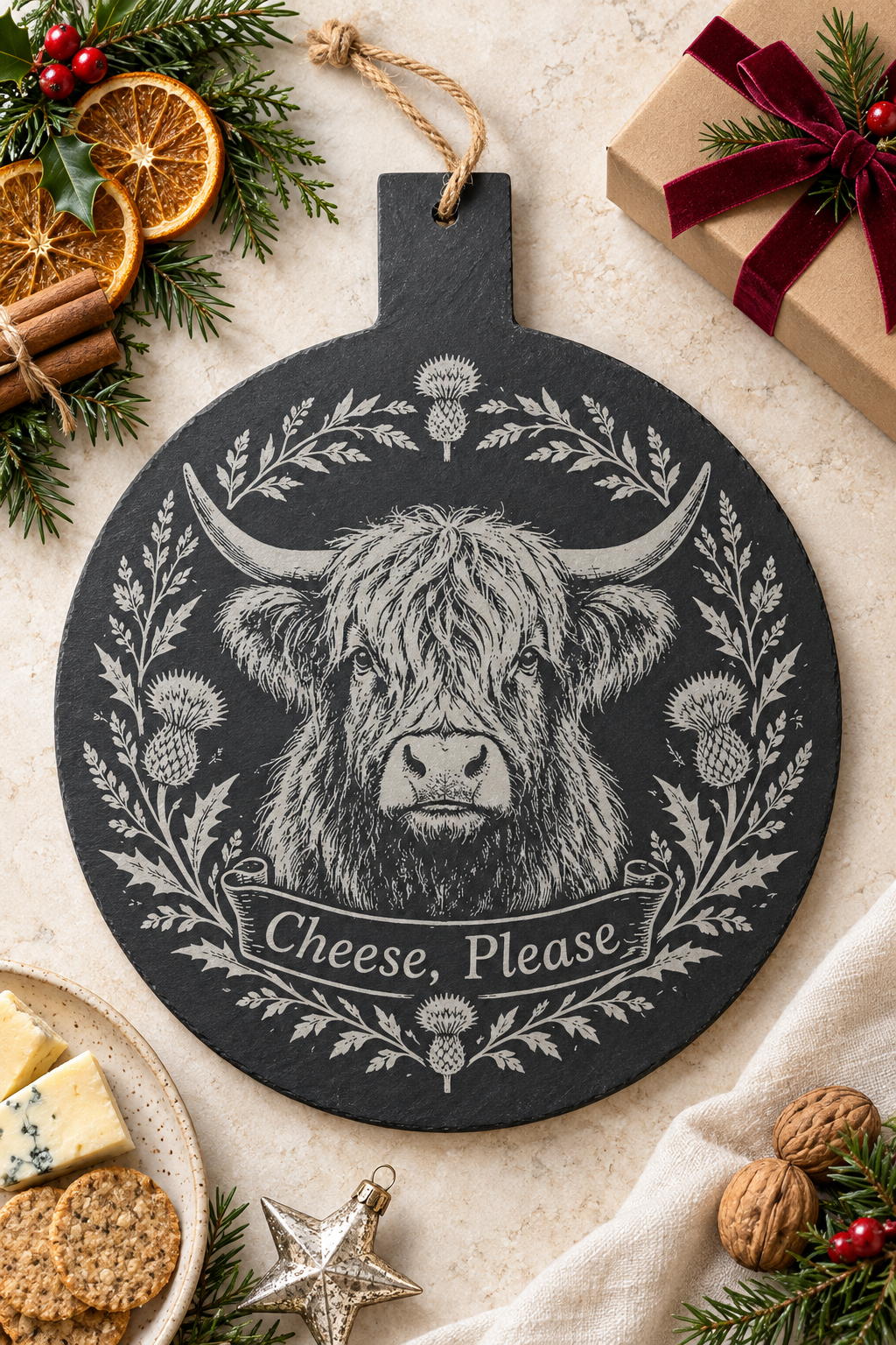 A round black slate cheese board with a white engraved illustration of a Highland cow surrounded by thistles and the words 'Cheese, Please'. The plaque is styled in a cozy holiday kitchen setting with cheese, crackers, dried orange slices, nuts, and a wrapped gift box.