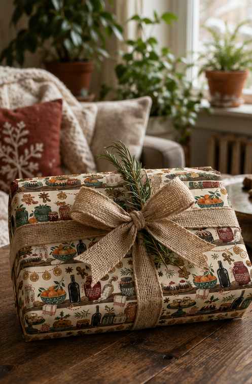 Festive pantry Christmas wrapping paper showing wooden shelves filled with patterned jars, oranges, preserves, puddings, mince pies, gingerbread and winter spices.
