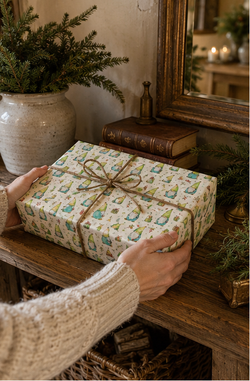 A person wearing a cream knit sweater holds a gift box wrapped in festive paper with a Festive Gonks Christmas Wrapping Paper pattern and a twine bow, set on a rustic wooden table in a cozy indoor scene.