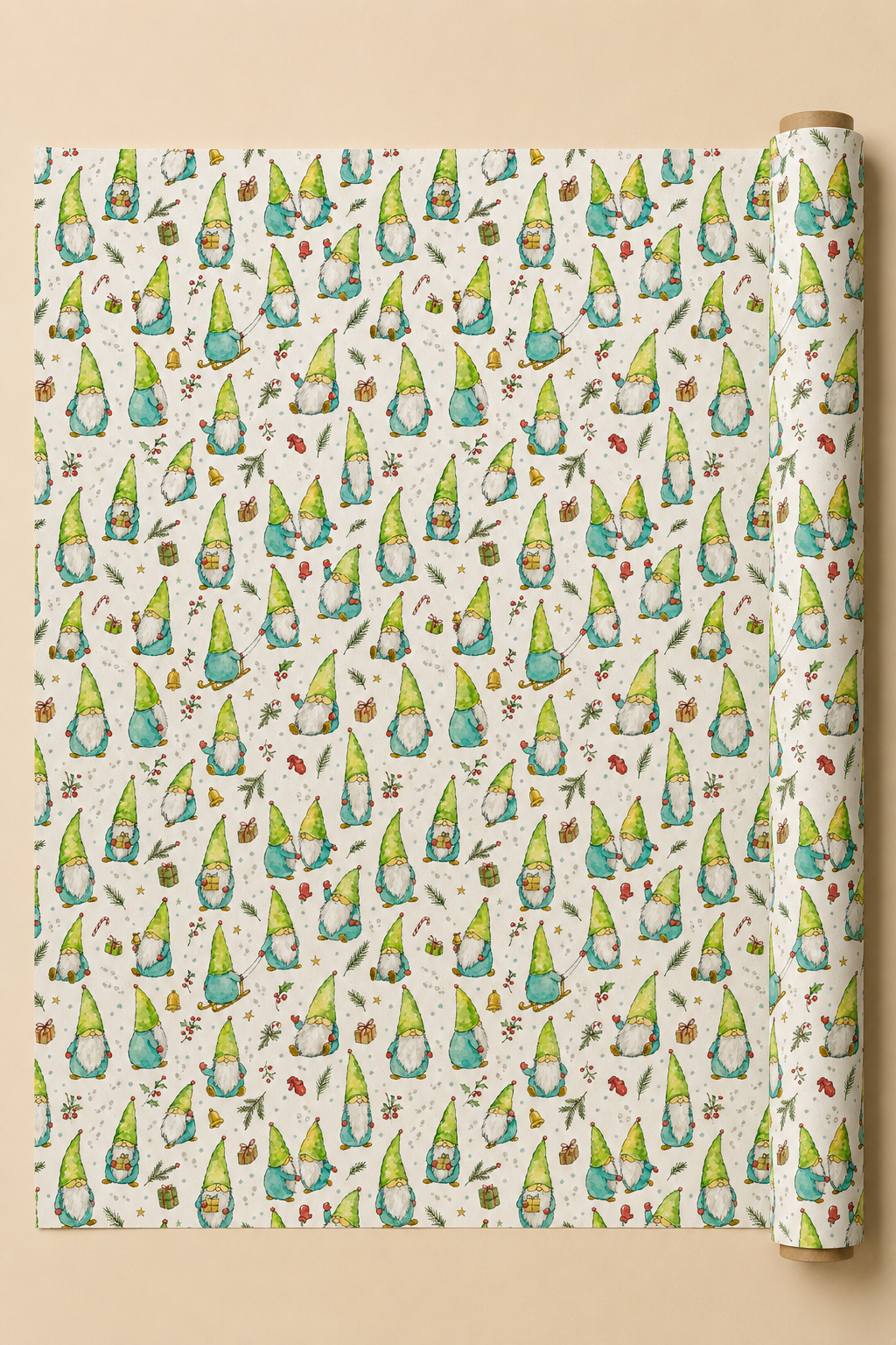 A roll of wrapping paper with a repeating pattern of cute green and blue gnomes on a cream background, displayed flat with the roll standing on the right side against a warm beige backdrop.