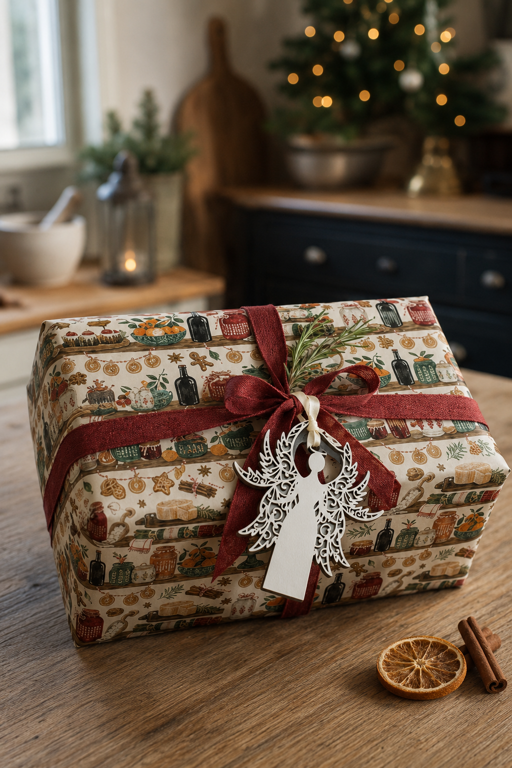 Ornate white laser-cut angel gift tag on a present wrapped in Festive Pantry Christmas paper with red linen ribbon.