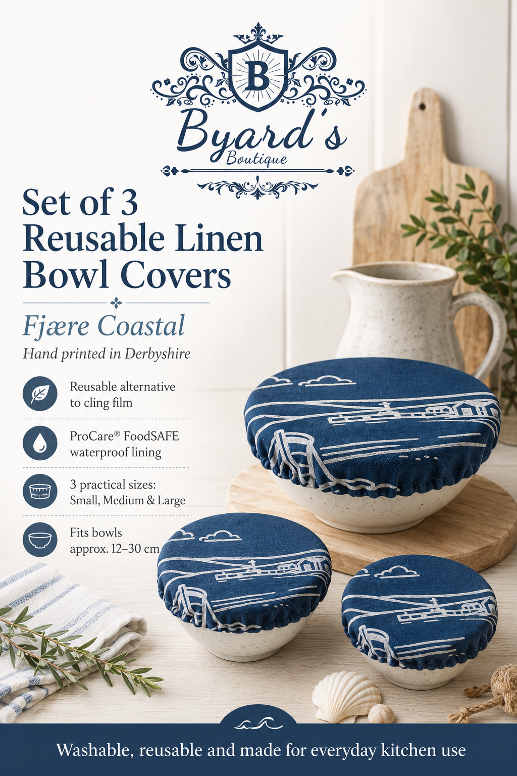 Set of 3 reusable Fjære Coastal linen bowl covers, hand printed in Derbyshire with a coastal design inspired by shoreline huts and beached boats. Made with a 100% linen outer and lined with ProCare® FoodSAFE waterproof fabric. Designed as a reusable alternative to cling film and disposable wraps for covering leftovers, salads, fruit bowls, prep bowls and rising dough.