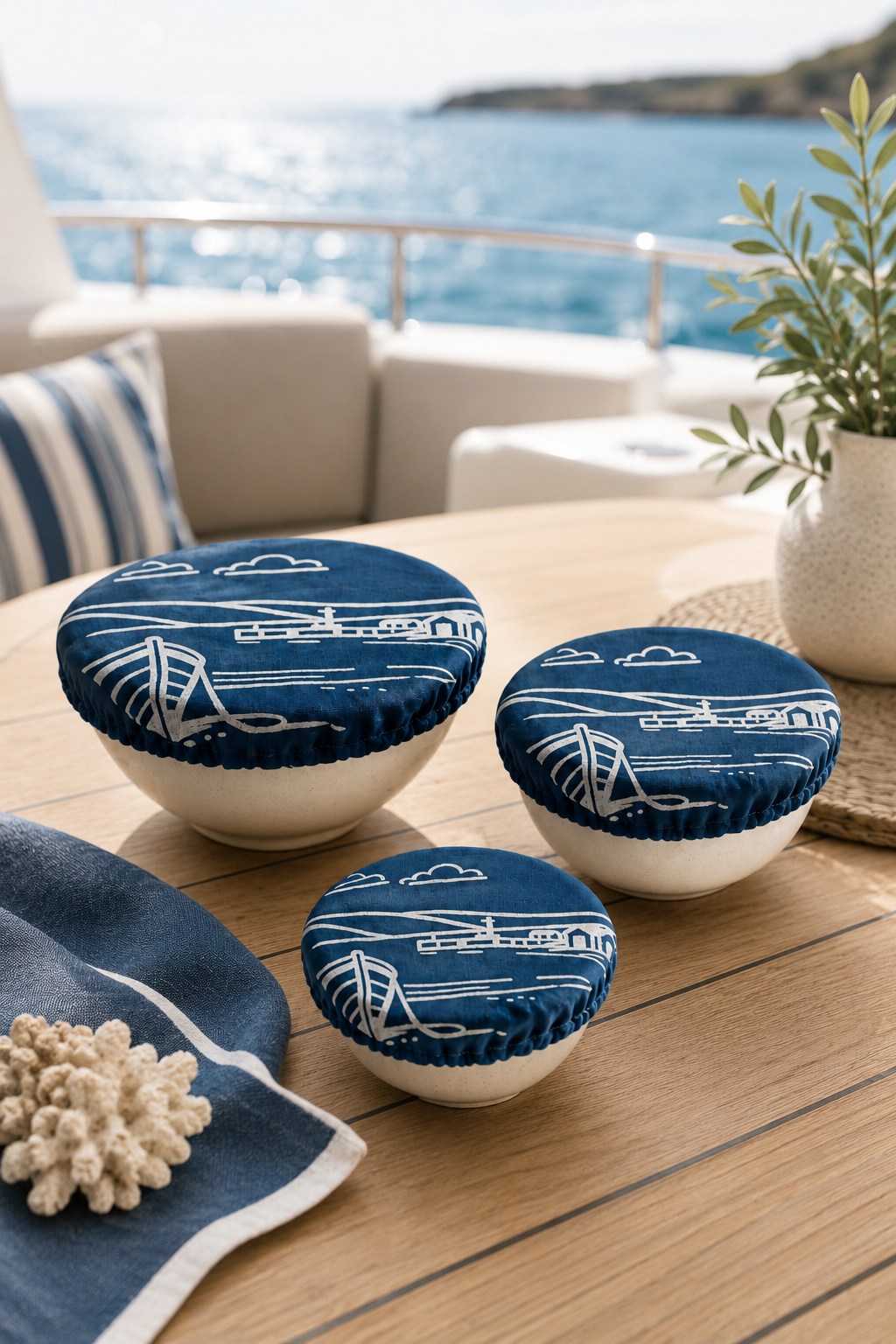 Set of 3 reusable Fjære Coastal linen bowl covers, hand printed in Derbyshire with a coastal design inspired by shoreline huts and beached boats.