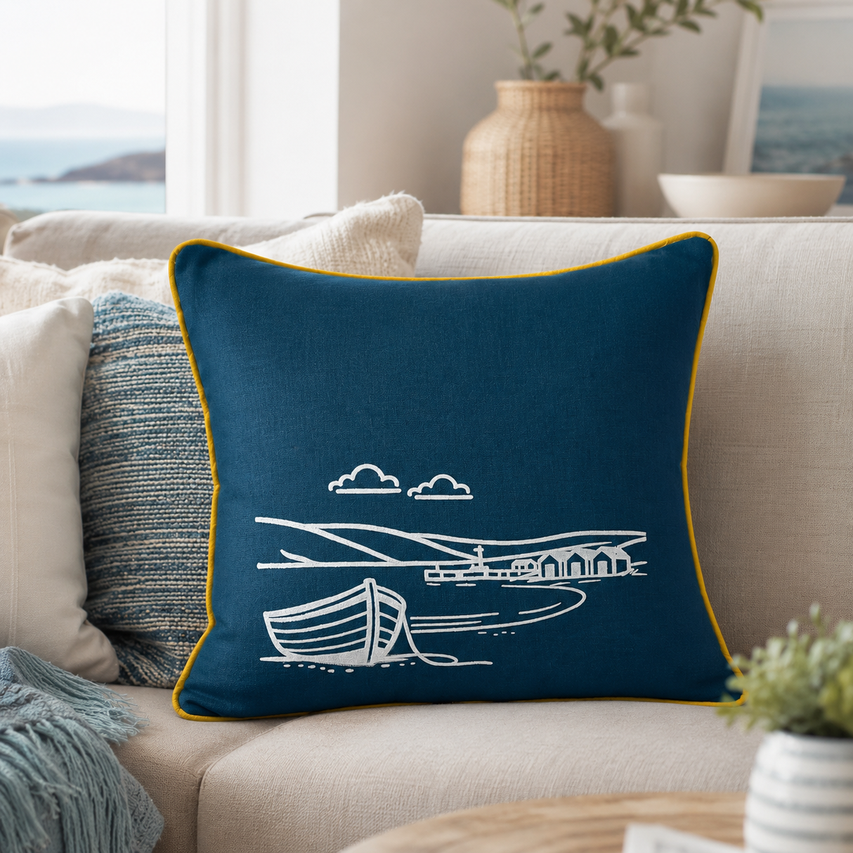 Fjære hand printed linen cushion cover in deep blue with white coastal boat design and mustard piping on a sofa in a beach house.