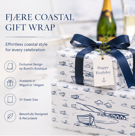 Fjäre Coastal gift wrap with nautical designs on a boat-themed background.