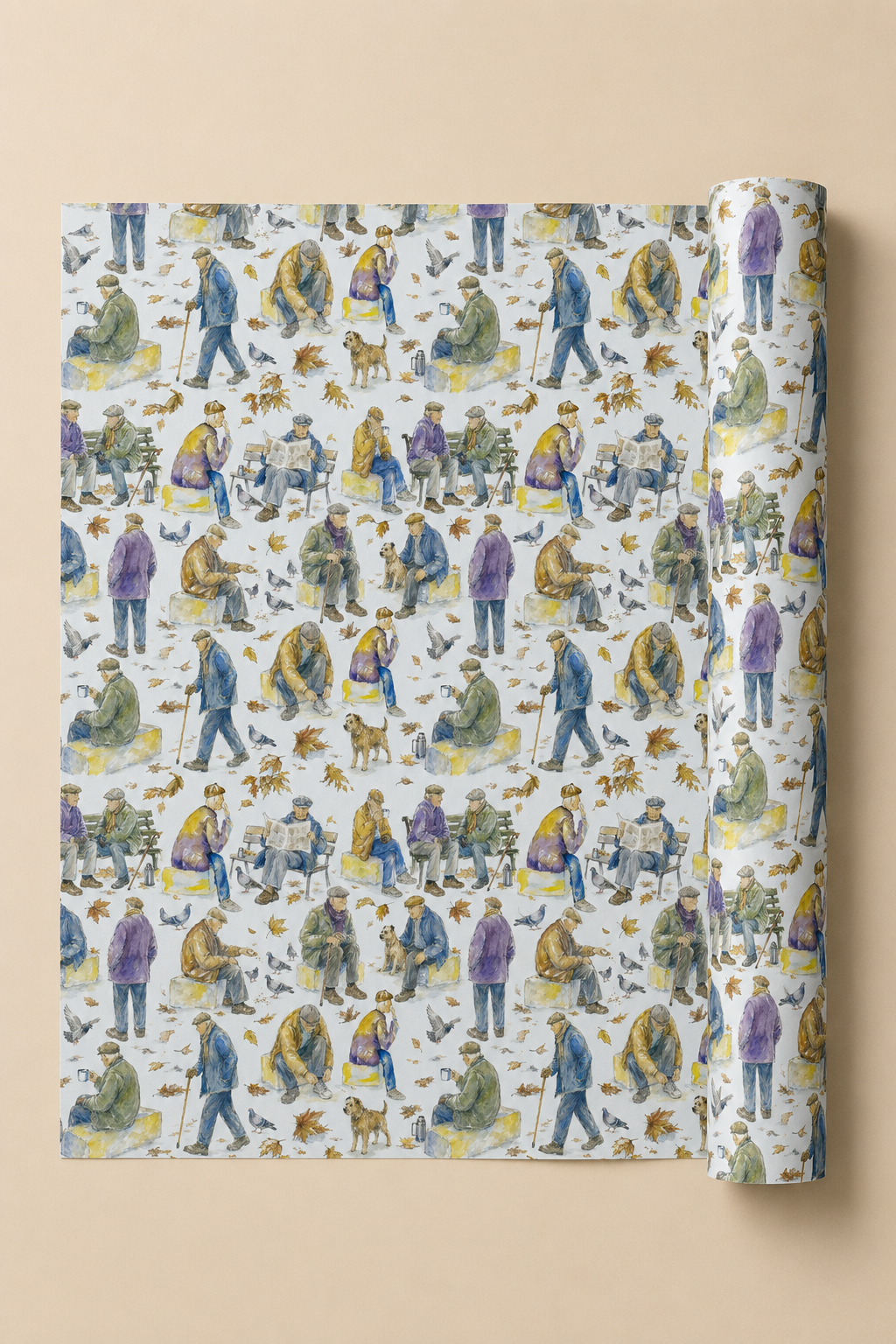 A roll of wrapping paper with a repeating watercolor-style pattern of people and dogs in autumn colors, shown partially unrolled against a solid beige background.