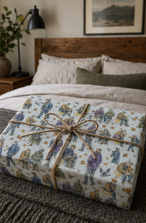 A wrapped gift box tied with twine sits on a bed in a cozy bedroom. The wrapping paper has a repeating illustrated pattern of Men in flat caps and winter clothing, with a soft off-white background and muted blue, purple, yellow, and brown details.