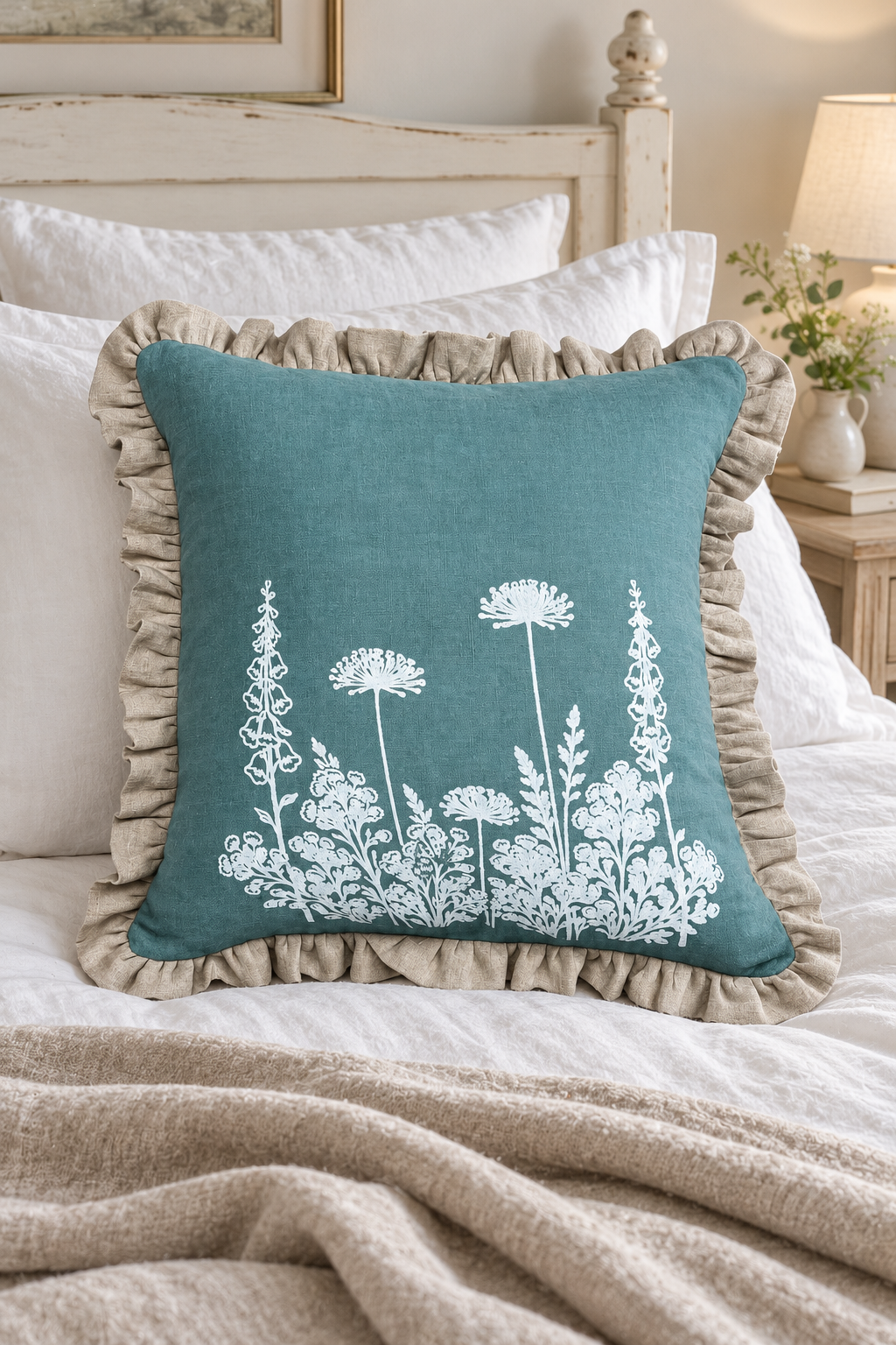 Square Florilegium duck egg cushion on white bedding beside a plain natural linen throw.