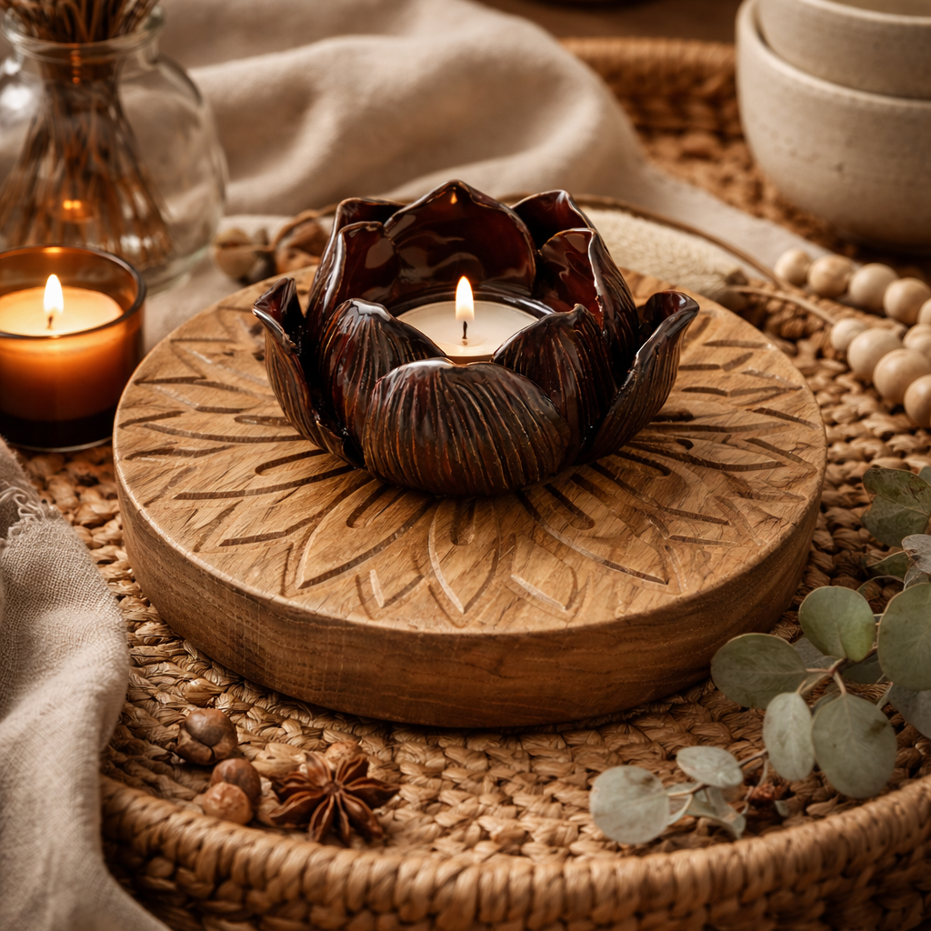 Decorative candle holder with a candle on a wooden surface, surrounded by natural elements.
