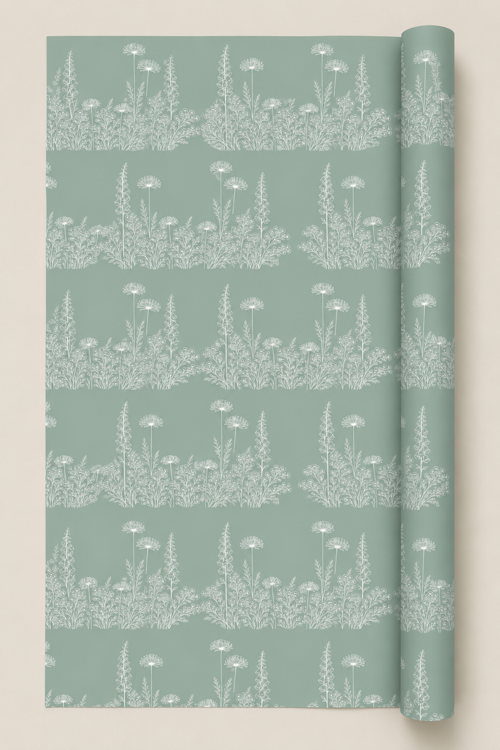 Florilegium Botanical Wrapping Paper duck egg green with white floral detail.