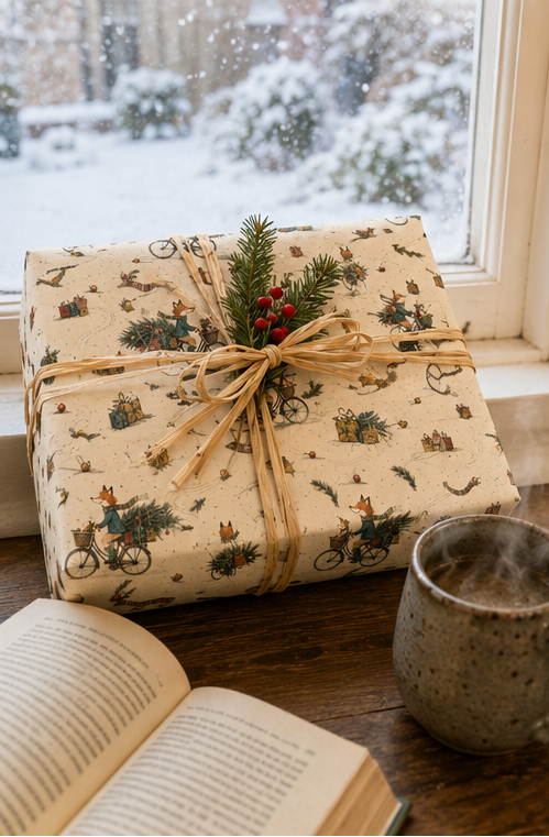 Illustrated fox Christmas wrapping paper featuring a scarf-wearing fox cycling through the snow with a little dog in the front basket and a decorated fir tree and presents across the rear. The pencil-sketch design includes tartan scarves, bells, pine sprigs, baubles, parcels and tyre tracks in teal, green, mustard, red and pink on warm ivory.
