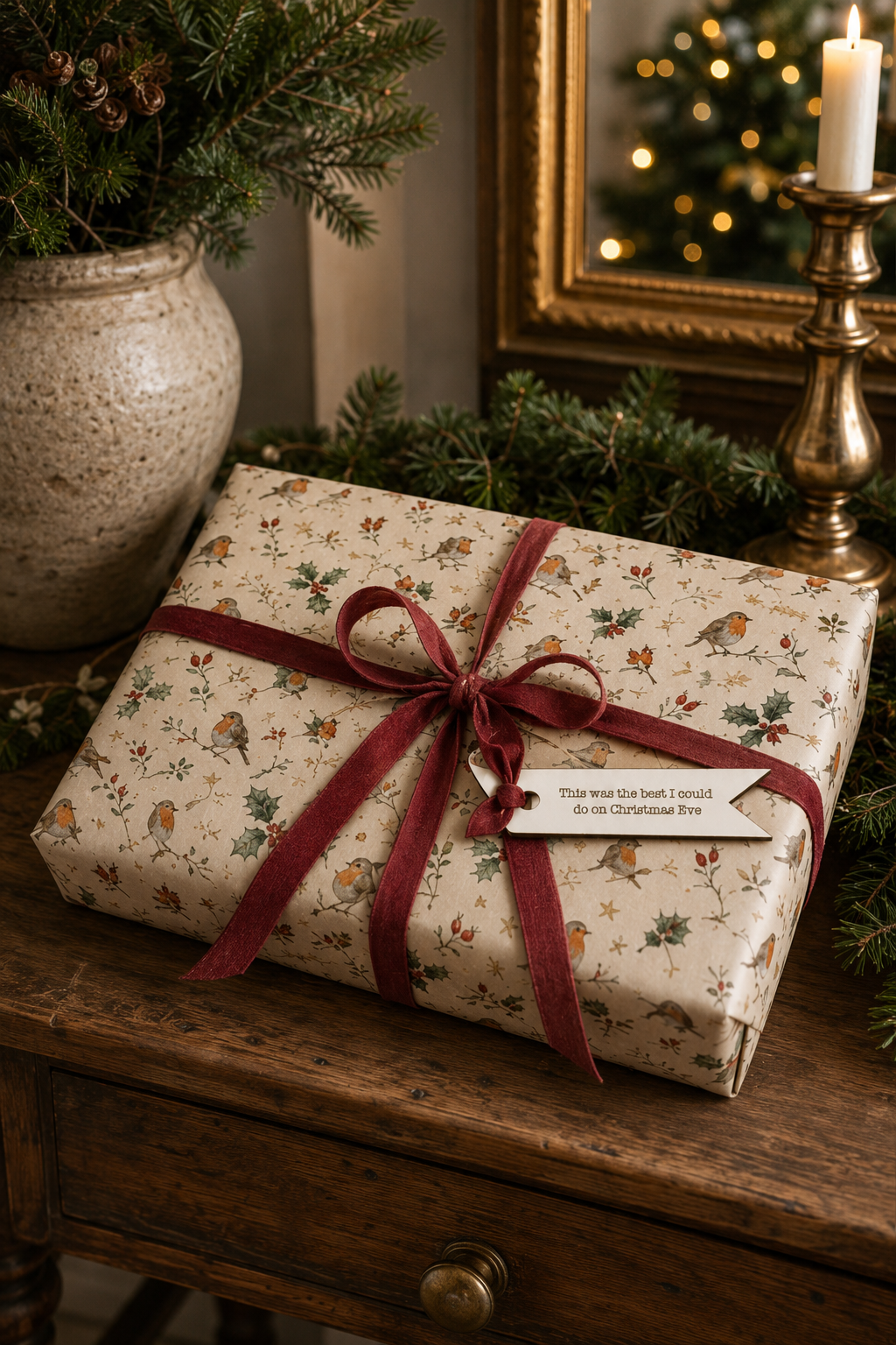 A wrapped Christmas gift box with a funny git tag with the words "this was the best i could do on Christmas eve" on it. The wrapping paper has a robin and holly pattern and a dark red ribbon, placed on a wooden table in a decorated holiday setting with pine branches, a candle, and a mirror.