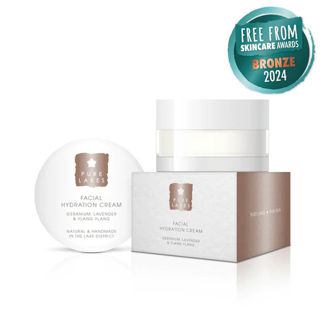 Facial hydration cream with packaging and 'Free From Skincare Awards Bronze 2024' badge on a white background