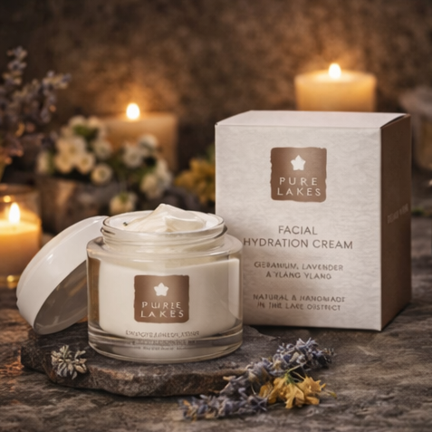 Pure Lakes facial cream with packaging, candles, and flowers in a warm setting.