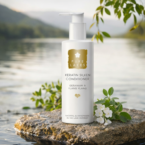Geranium & Ylang Ylang Keratin Silken Conditioner on rock by a lake