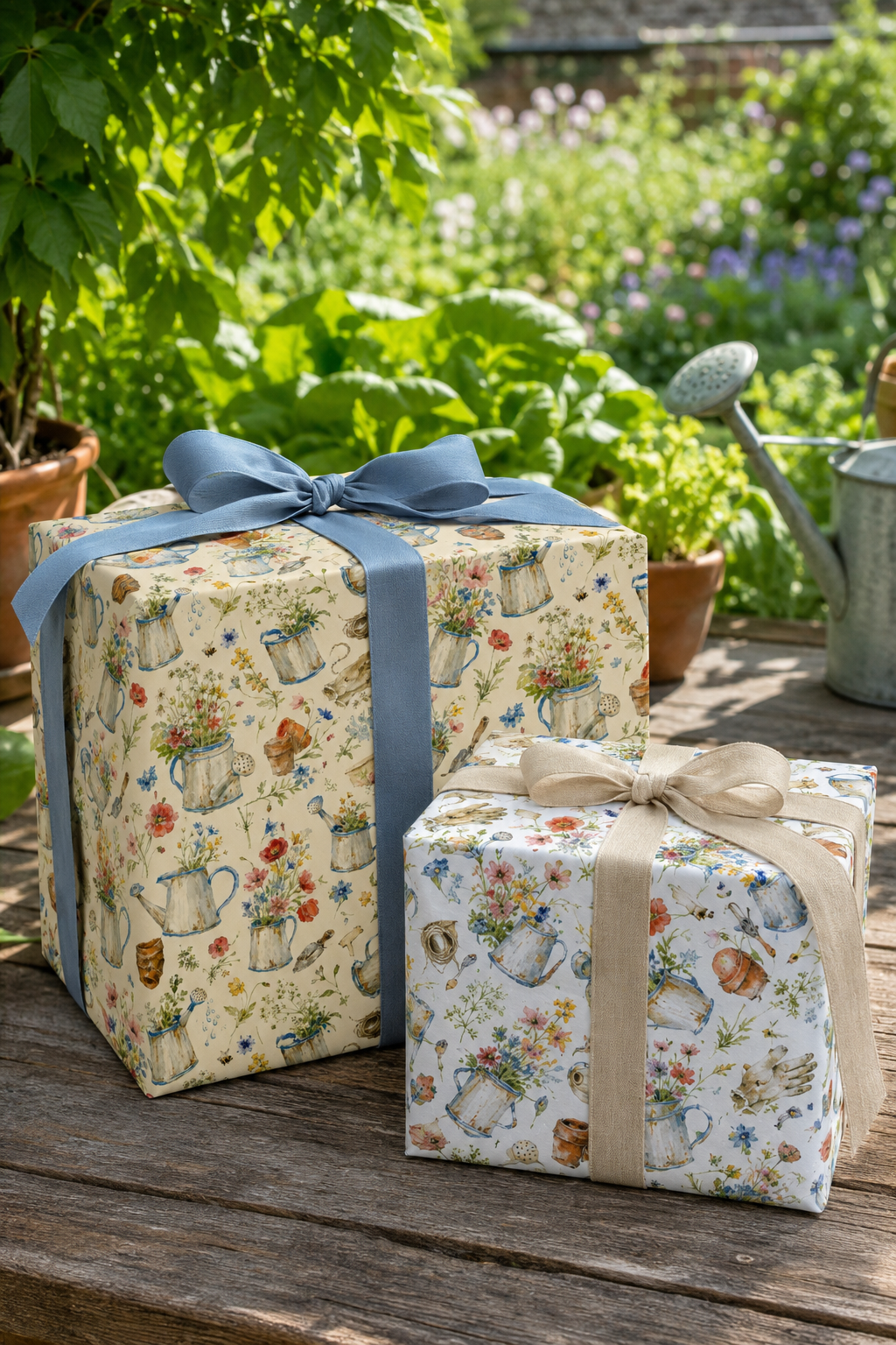 Two wrapped Gifts wrapped in Watering Cans & Wildflowers Wrapping Paper in white and in warm ivory floral and teapot patterns, tied with blue and beige ribbons, sitting on a wooden table in a garden setting.