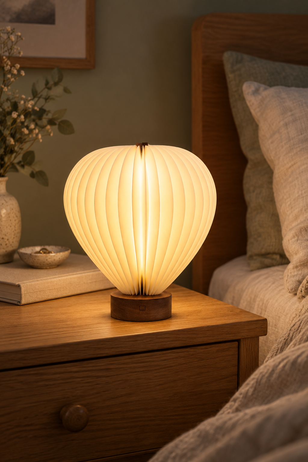 Aeris hot air balloon lamp with natural walnut wood base glowing on a bedside table beside linen bedding