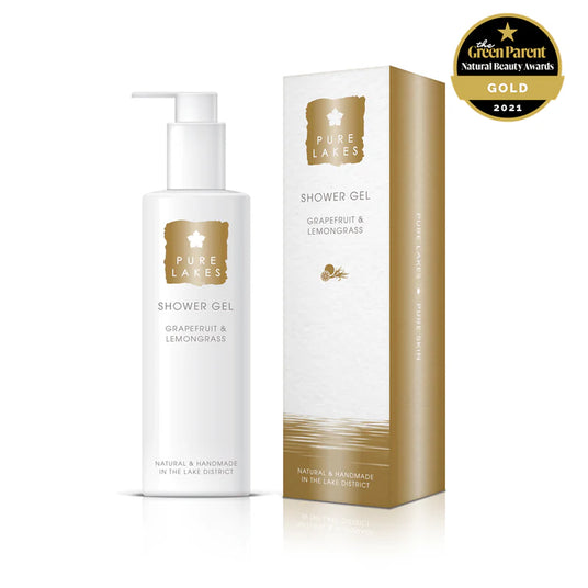 Pure Lakes shower gel with pump and packaging on a white background, featuring a Green Parent Natural Beauty Awards Gold 2021 badge.