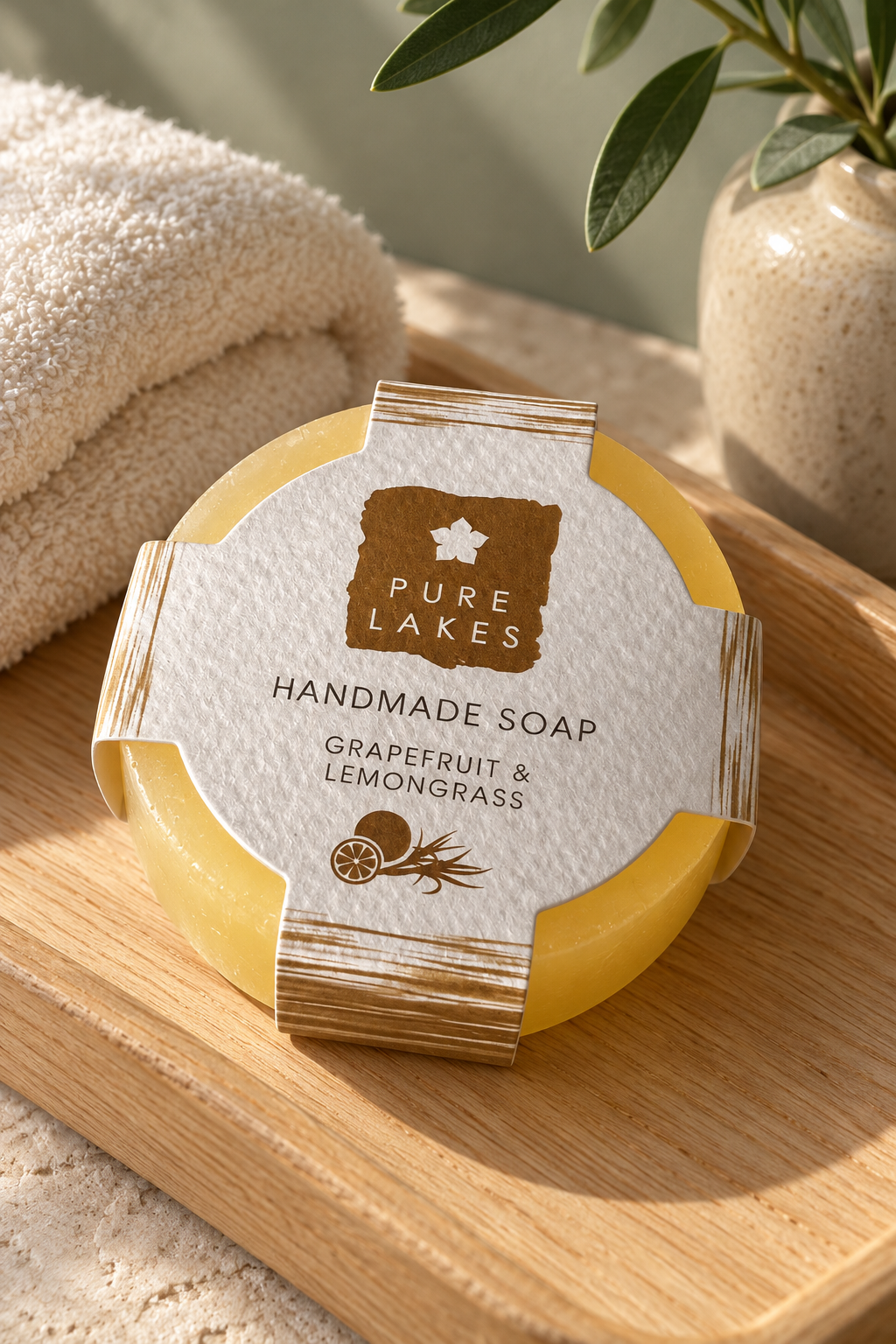 A round bar of Pure Lakes Handmade Soap in Grapefruit & Lemongrass scent, wrapped in a kraft paper sleeve, resting on a light wooden tray with a folded beige towel and a potted plant in the background.